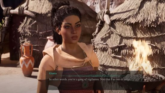 Avowed companions: A screenshot of a dialog moment from Giatta, a woman in a shawl with tied up black hair