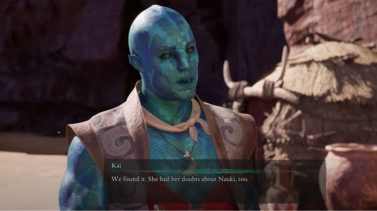 Avowed companions: A screenshot of a blue-skinned man named Kai in the middle of a dialog exchange