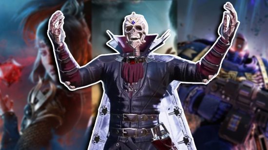 Baldur's Gate 3 Larian Studios next game: Fane, a skeleton, from Divinity Original Sin 2 wearing a gothic leather coat and cloak with his arms raised, set against a blurred background of Baldur's Gate 3, Star Wars KOTR, and Warhammer 40K Space Marine respectively.