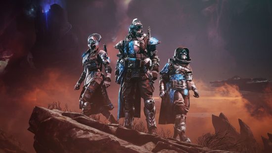Best games: Three characters in brown and blue armor stand on a rocky outcrop as a dark storm rages behind them