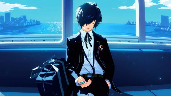 Best games: A school student with black hair wearing a black blazer sits and listens to music through earphones