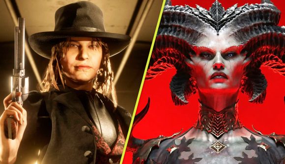 Best multiplayer games: An image of a cowgirl in Red Dead Online and Lilith in Diablo 4.
