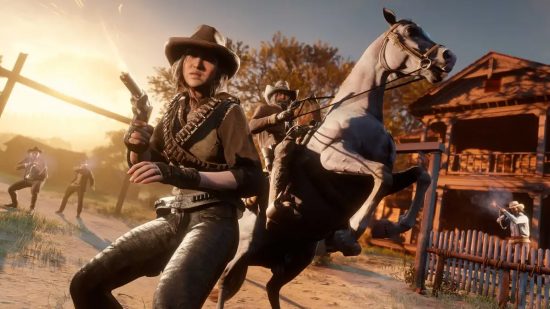 best multiplayer games: an image of two cowboys in valentine in red dead online
