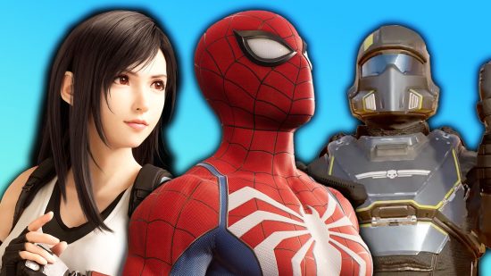 PS5 exclusives: An image of Spider-Man, Tifa, and a Helldiver.