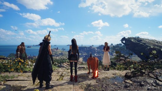 Best PS5 games Final Fantasy 7 Rebirth: Cloud, Tifa, Red, Aerith, and Barret standing on a cliff edge overlooking an open plain in FF7 Rebirth.
