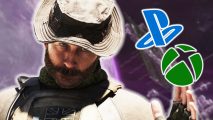 Call of Duty Future Warfare: Captain Price with floating Xbox and Playstation logos next to him, with a space station in the background