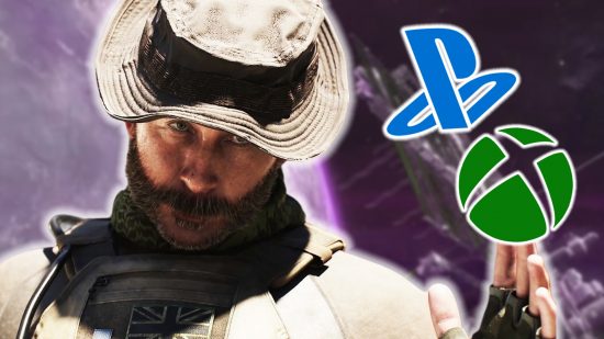 Call of Duty Future Warfare: Captain Price with floating Xbox and Playstation logos next to him, with a space station in the background