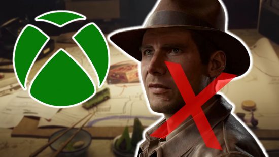Contraband Xbox: A close up of a man in a beige shirt and brown explorers hat with a red X across his face. A green Xbox logo floats next to him, and a map showing plans for a heist are in the background