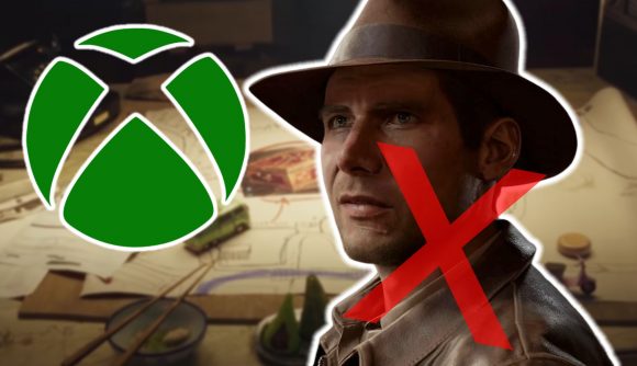 Contraband Xbox: A close up of a man in a beige shirt and brown explorers hat with a red X across his face. A green Xbox logo floats next to him, and a map showing plans for a heist are in the background