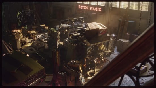 An image of a garage in the Contraband trailer for Xbox