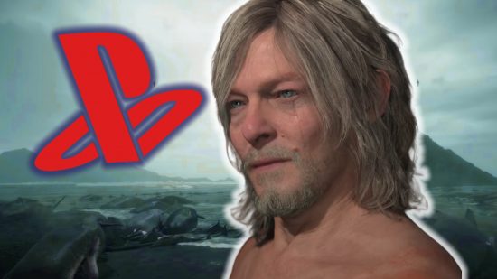 Death Stranding 2 On the Beach: Sam Porter Bridges bare chested and with long gray hair. A red playstation logo is next to him