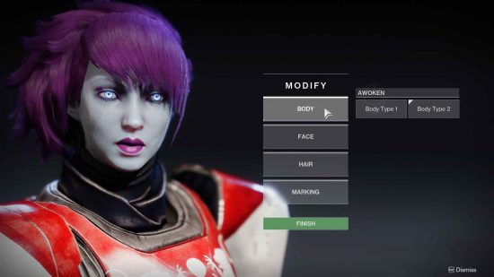 Destiny 2 character customization update: A female Awoken in the character customization screen.
