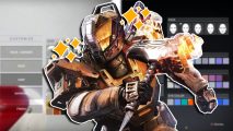 Destiny 2 character customization update: A Titan lunging forward with their flaming hammer, set against a blurred background of the character customization screen split vertically between two instances.