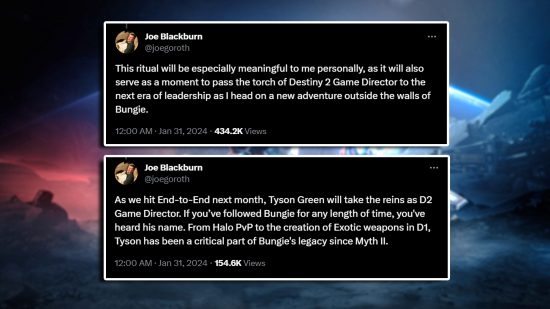 Destiny 2 Joe Blackburn leaving Tyson Green: Screenshots of Joe Blackburn's Twitter posts against a blurred background of Destiny.