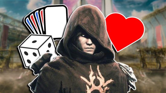 Destiny 2 new genres experiments dating sim: Crow with his hood up looking sullen, with a dice and deck of cards to the left and a red 'love heart' icon to the right.