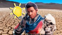 Destiny 2 Season of the Wish content draught: Shaw Han holding his hand to his ear, with a lightbulb icon next to him, set against a drought.