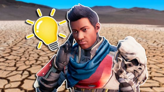 Destiny 2 Season of the Wish content draught: Shaw Han holding his hand to his ear, with a lightbulb icon next to him, set against a drought.