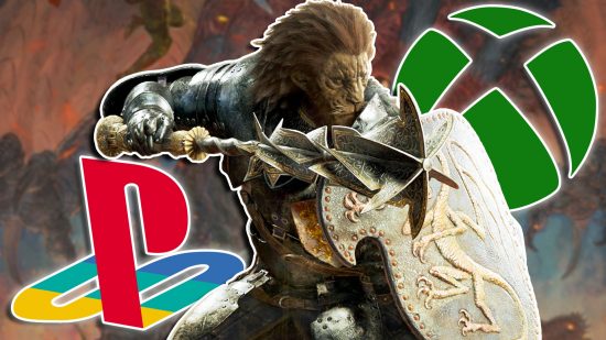 Dragon's Dogma 2 PS5 Xbox FPS: A lion-human hybrid holding a shield and mace at the ready, with a PlayStation logo on the left and an Xbox logo on the right.