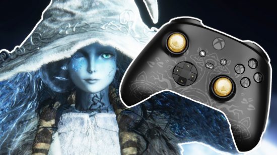 Elden Ring PlayAsia controller leak: Ranni the blue-skinned witch with a long pointed hat, next to a black and gold Xbox controller