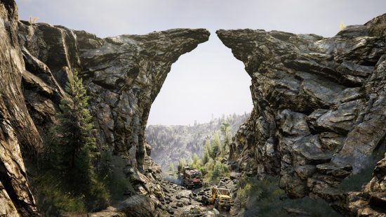 Expeditions gameplay: Two large trucks driving through a rocky archway in the distance.
