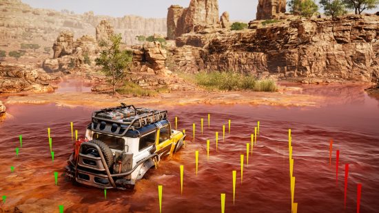Expeditions maps: A 4v4 driving through a deep river in a desert envrionment.