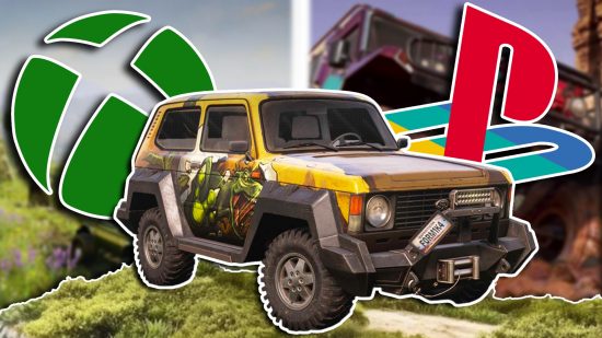 Expeditions PS5 Xbox anticipation: A 4x4 jeep placed on a grassy clifftop, set against a blurred, vertically split background of two gameplay sequences. An Xbox logo is on the left side and a PlayStation logo is on the right.