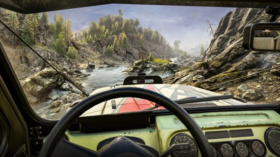 Expeditions vehicles: A player driving a large truck through a river in first person.
