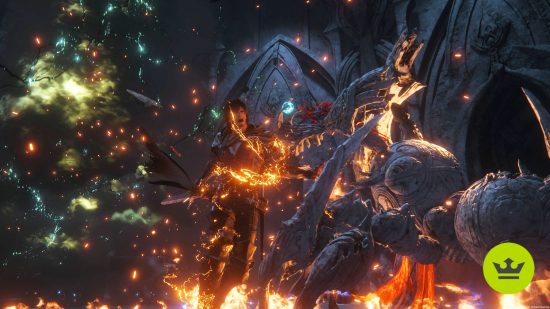Final Fantasy 16 PS4 limitations PS5 exclusive: Gameplay of FF16 showing Clive attacking a stone spider creature using fire magic.