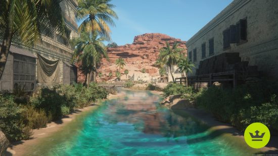 Final Fantasy 16 PS4 limitations PS5 exclusive: A scenic image of a town in the desert with a stunning blue river cutting through in FF16.