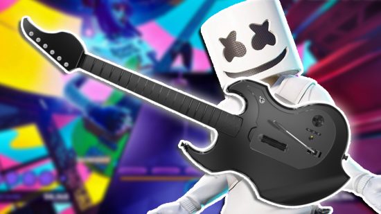 Fortnite Festival PDP Riffmaster: the black Riffmaster guitar with a man in a white Marshmallow outfit standing behind
