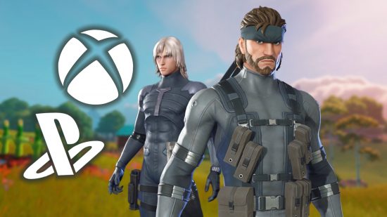 Fortnite Solid Snake Raiden: Two Fortnite skins for Solid Snake and Raiden, with Playstation and Xbox logos floating besides them
