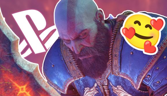 God of War Ragnarok heartbeat: Kratos, a bald man with red markings and a big, bushy beard wearing armor