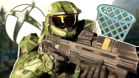 Halo battle royale canceled: Master Chief in a green suit of armor holding a battle rifle