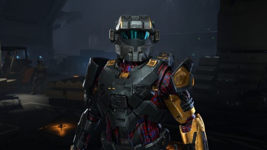 Halo Infinite: A Spartan wearing Kai's helmet and various body and shoulder armor.