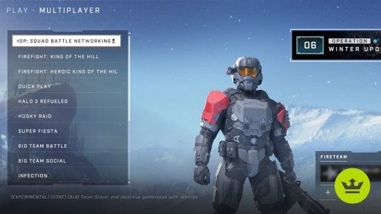 Halo Infinite review 2024: An image showing a list of the current Halo Infinite playlists, with a Spartan standing next to it.