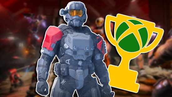 Halo Infinite review 2024: A red-and-black Spartan standing next to a gold trophy with an Xbox logo on it, set against a blurred background of promotional art.