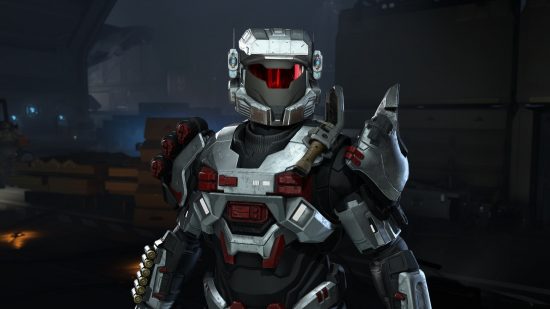 Halo Infinite Silver Team helmets TV series: A Spartan wearing Riz's helmet and various body and shoulder armor.