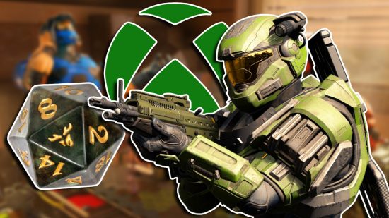 Halo Infinite RPG Forge mode: A Spartan wearing green armor and holding a rifle at the ready, with a DND dice and Xbox logo next to them, set against a blurred background of The Halo RPG artwork.