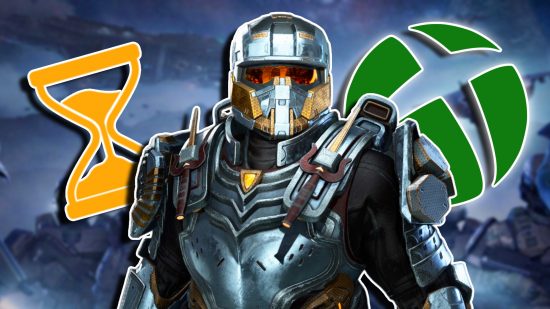 Halo Infinite Silver Team helmets TV series: A Spartan wearing Vannak's helmet and samurai-inspired armor, with a yellow sand timer to the left and an Xbox logo on the right.