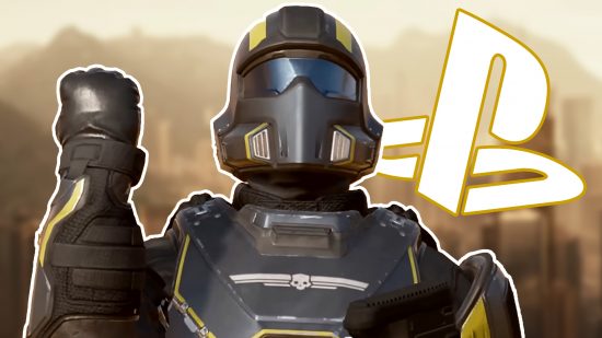 Helldivers 2 name ship: a Helldiver standing to attention while wearing grey and yellow armor