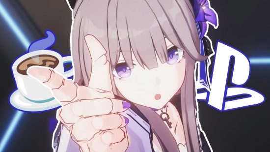 Honkai Star Rail cozy game: Herta, a girl with long hair and purple clothing, pointing at the camera