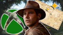 Indiana Jones and the Great Circle maps open areas: Indiana Jones looking over his left shoulder towards the camera. To the left is an Xbox logo and on the right is an old map with three gold stars of varying sizes.