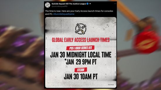 Suicide Squad Kill the Justice League Early Access: An image of early access times on PS5 and Xbox.
