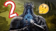 Lords of the Fallen sequel: a knight in spiked armor holds a glowing artifact, with a thinking face emoji and a red number 2 floating behind him