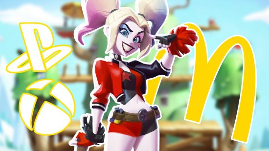 MultiVersus McDonald's promotion: Harley Quinn posing with the McDonald's, PlayStation, and Xbox logos