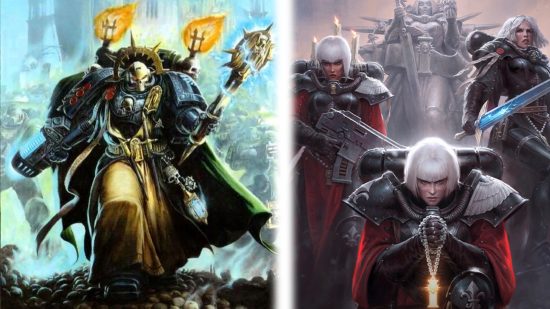 MW3 Warhammer 40K crossover collaboration event: Artwork of Interrogator-Chaplain Boreas of the Dark Angels on the left and Helewise of the Sisters of Battle on the right, both from Warhammer 40K.