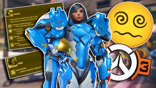 Overwatch 2 Season 9 patch notes leaked: Pharah posing with her helmet held by her hip. Two blurred patch note images are on the left, while a confused emoji and an Overwatch 3 logo are on the right side.