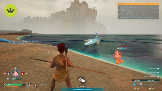 Palworld Xbox: An in-game screenshot of a player holding a spear on a beach while two Pals face off next to the water 
