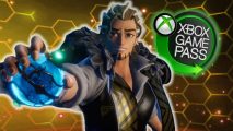 Palworld Xbox Game Pass: A man in a blue and grey cloak holds a glowing blue ball in an outstretched arm. The Game Pass logo is floating over his shoulder