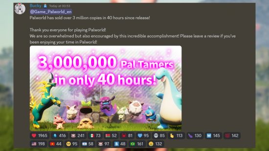 Palworld sales: An image of the Palworld Discord confirming 3 million copies sold